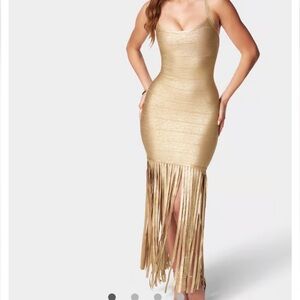 Bebe Gold Fringe Bandage Dress
